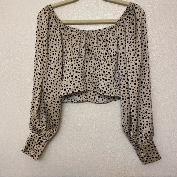 LUSH cream blouse crop long sleeve black dots button front  off the shoulder-S - Picture 9 of 10